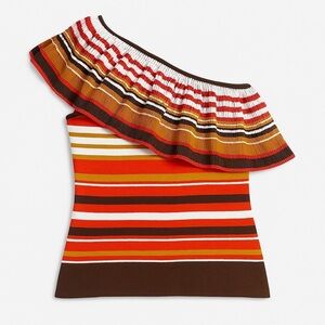 Tanya Taylor off the shoulder top brown orange stripe stretch ruffle front